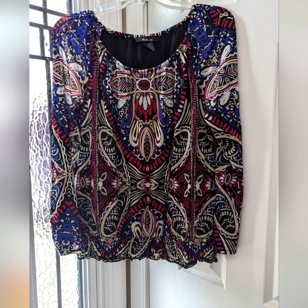 Macy's Style & Co - sheer long-sleeve is very stretchy with bell sleeves